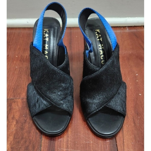 Kat Maconie Black Pony Hair Slingback Heels Gold Block Heel Blue Strap Sz 38 / 7 - Picture 4 of 15